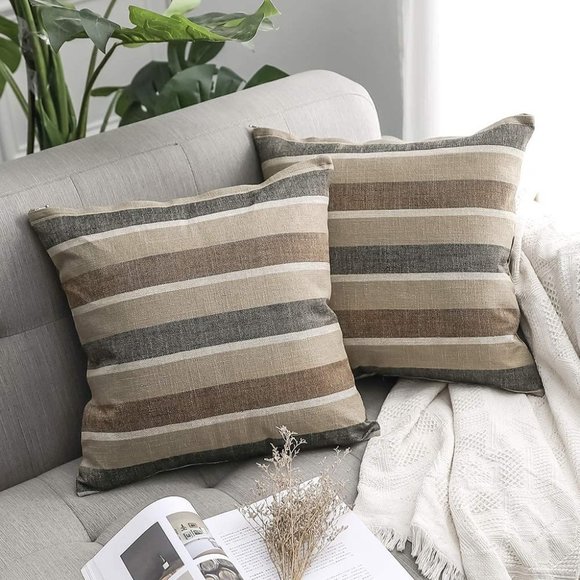 2 Decorative Striped Throw Pillows Covers Classic Retro Linen Modern 18"x18" New - Picture 1 of 3